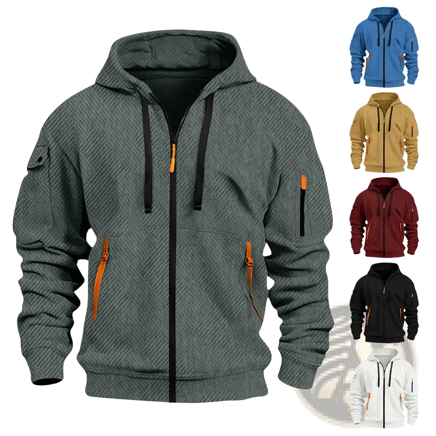 Men's Textured Sporty Zip Hoodie with Orange Accents