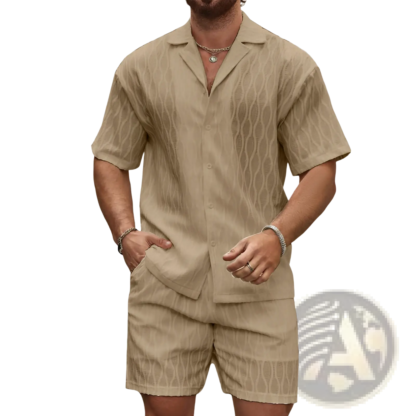 Men's Textured Wave Pattern Summer Shirt and Shorts Set