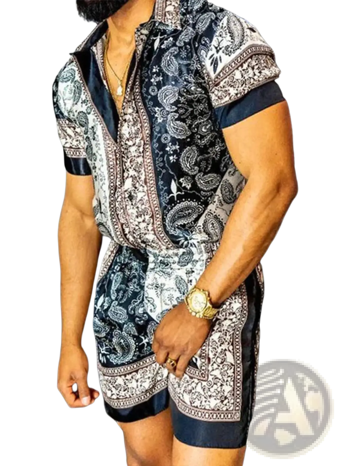 Men's Tropical Print Short Sleeve Shirt and Shorts Set