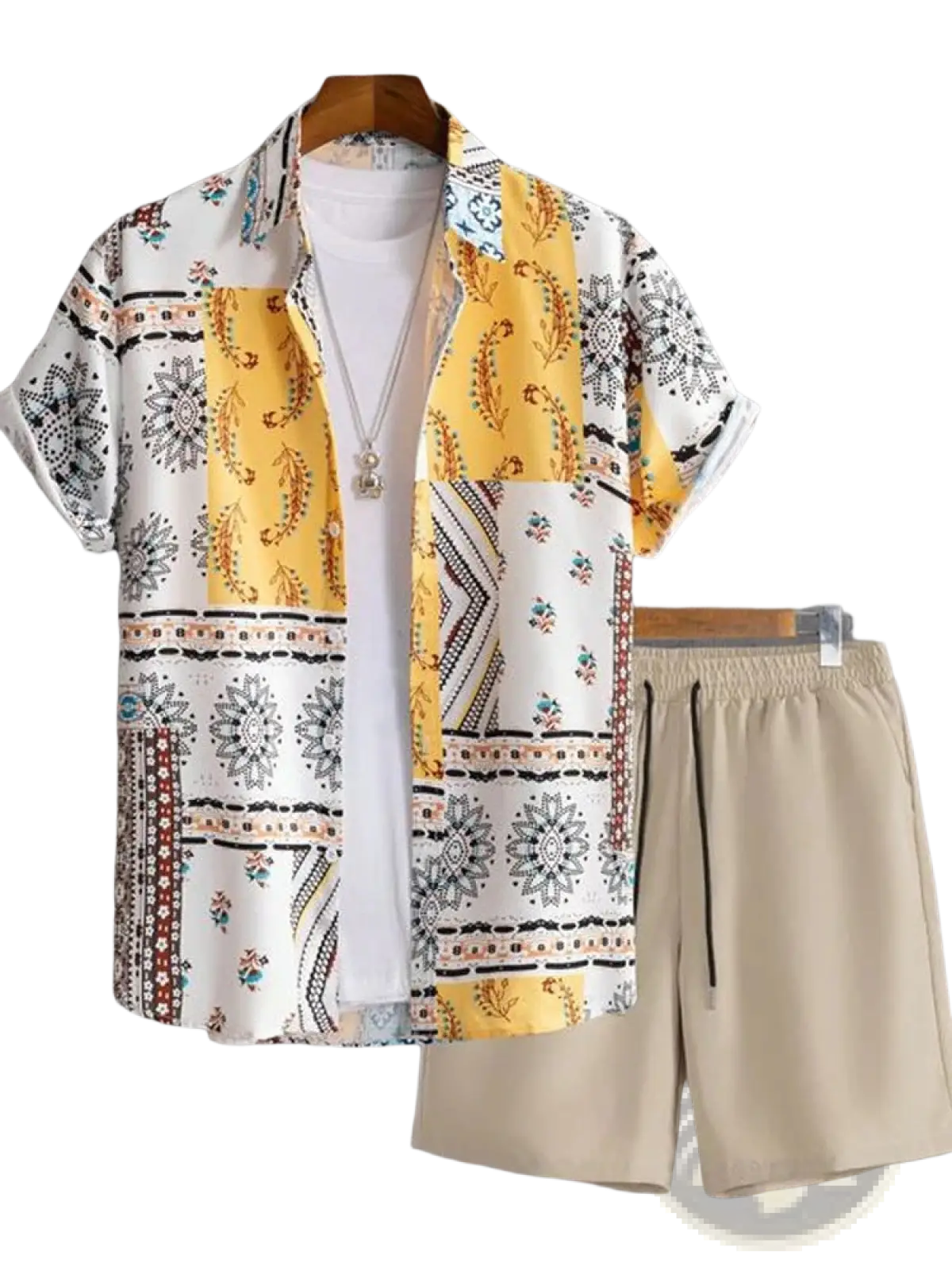 Men's Tropical Print Short Sleeve Shirt and Shorts Set