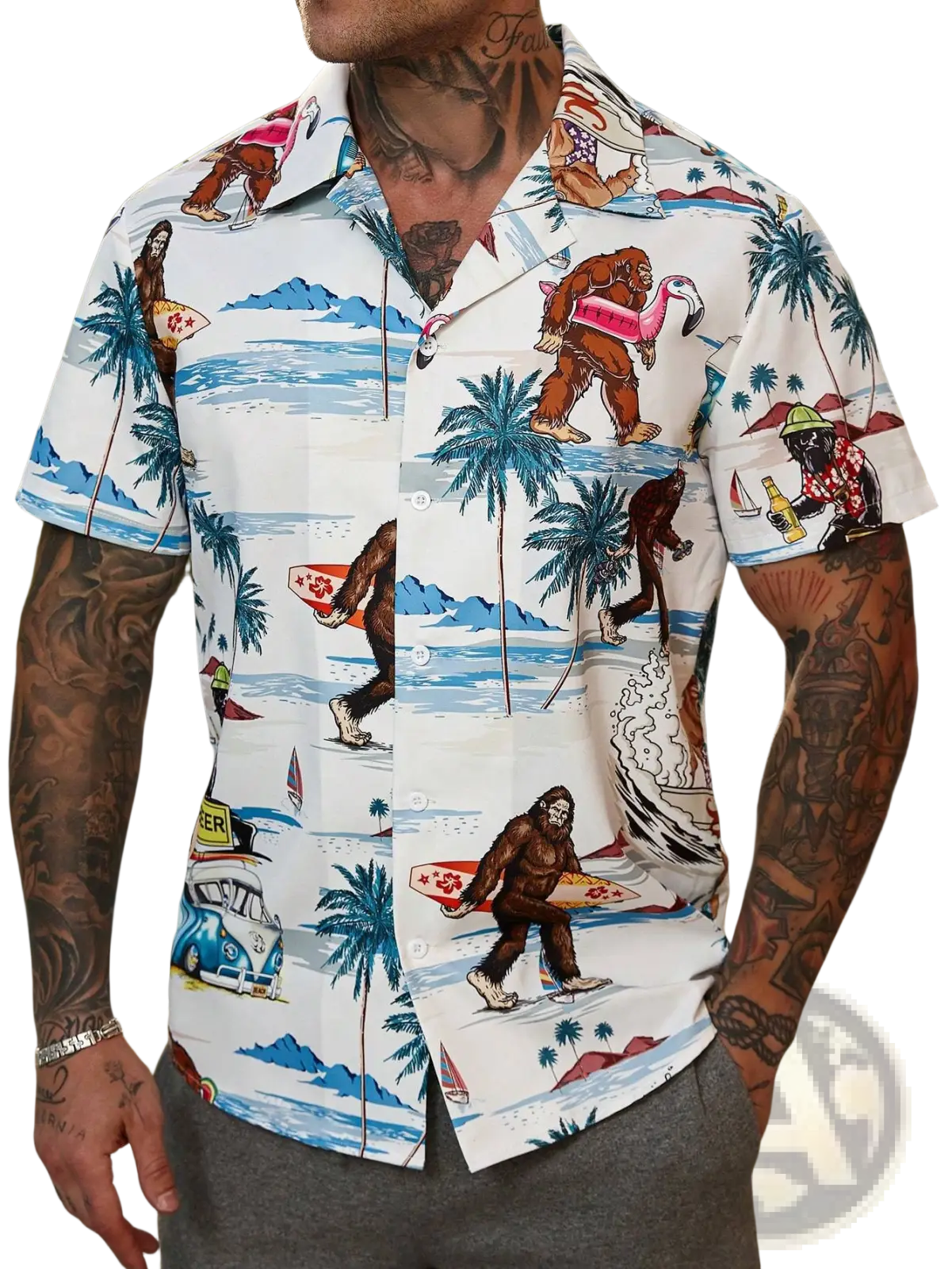 Men's Tropical Surfing Bigfoot Short Sleeve Hawaiian Shirt