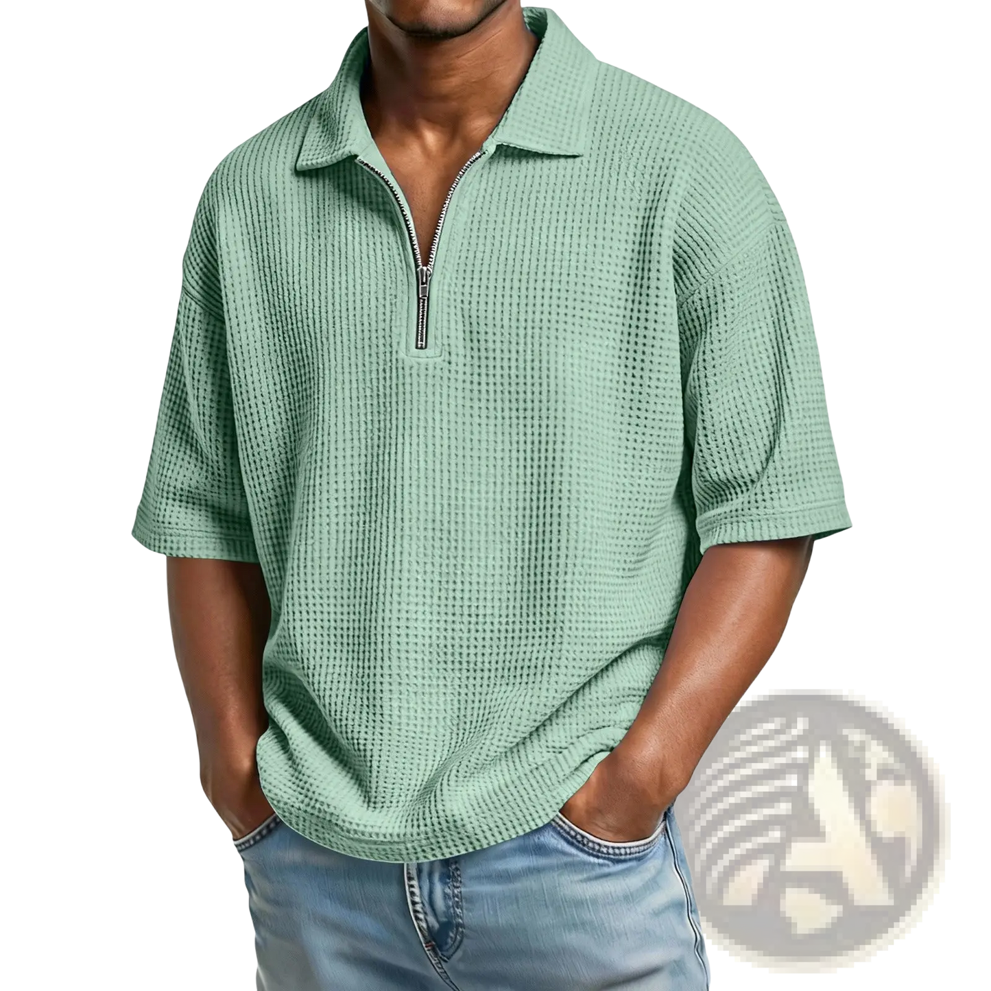 Men's Waffle Knit Half Zip Short Sleeve Polo Shirt