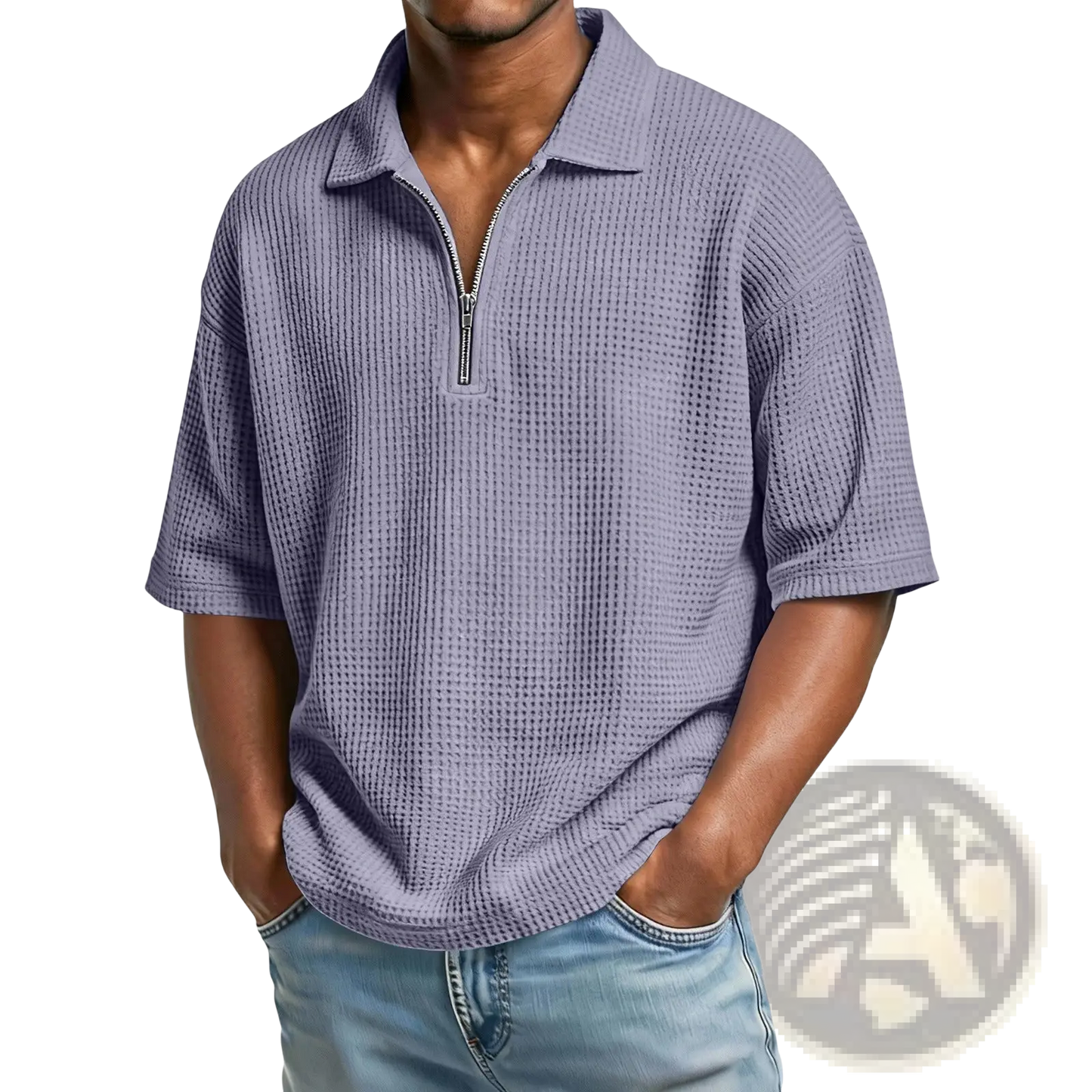 Men's Waffle Knit Half Zip Short Sleeve Polo Shirt