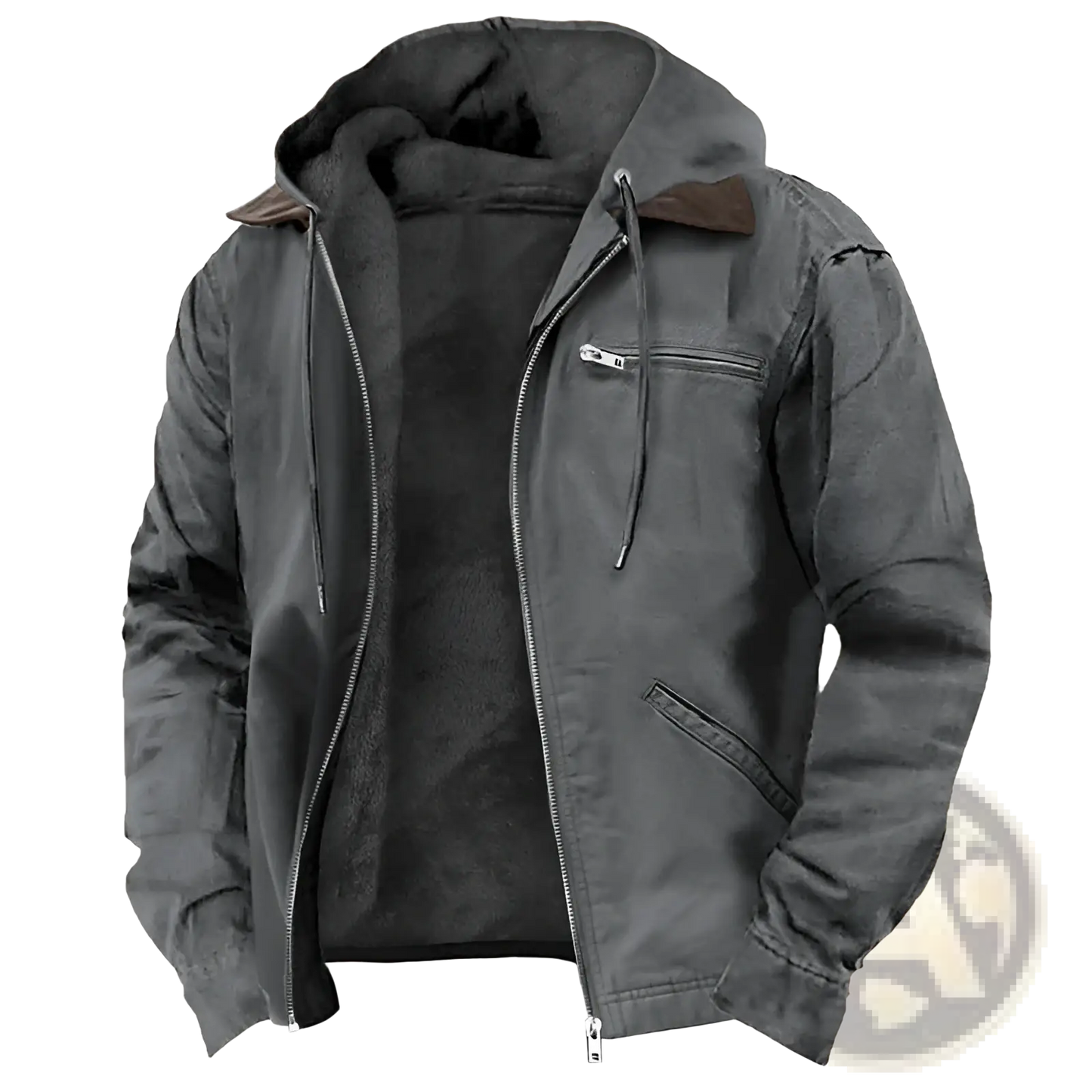 Men's Winter Fleece Lined Hooded Jacket with Leather Accents