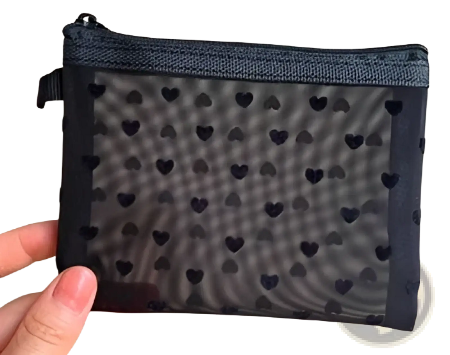 Mesh Makeup Bag with Black Heart Polka Dot Pattern