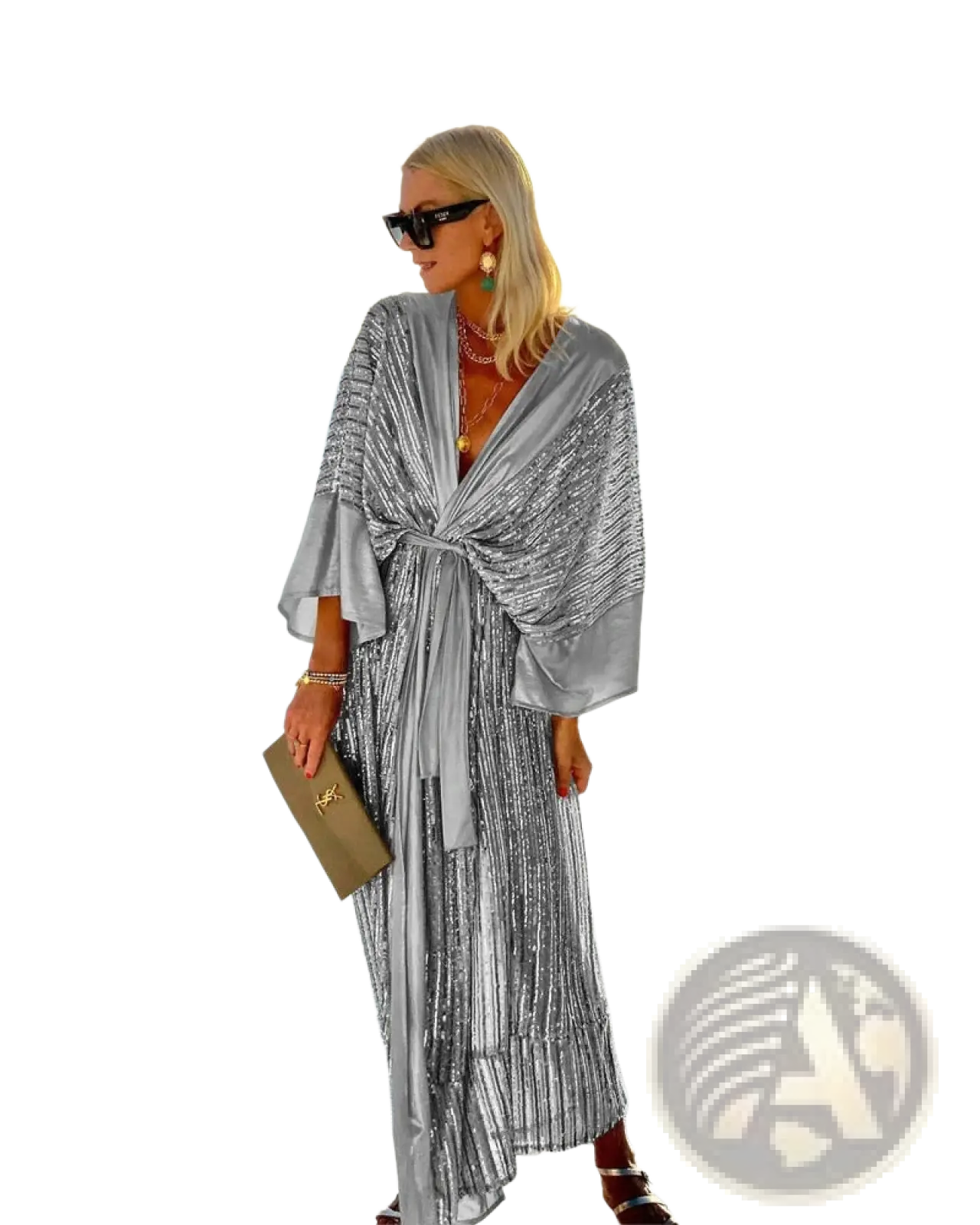 Metallic Bat Sleeve Pleated Sequin Maxi Dress