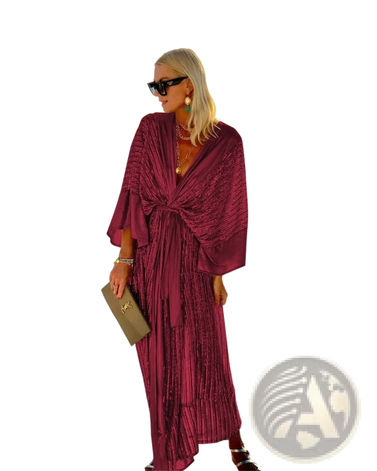 Metallic Bat Sleeve Pleated Sequin Maxi Dress