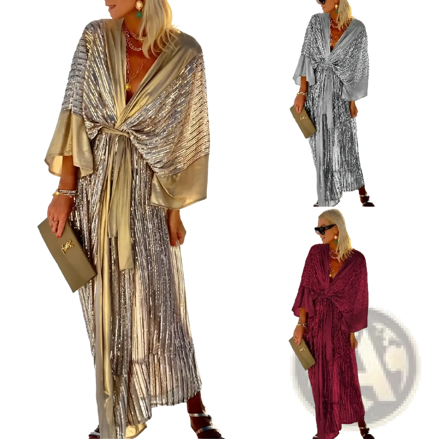 Metallic Bat Sleeve Pleated Sequin Maxi Dress
