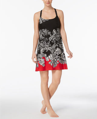 Camisa feminina Linea Donatella Duchess Mesh com renda e costas nadador, preta/vermelha, tamanho pequeno