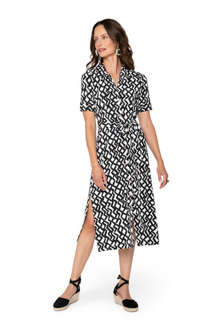 Vestido camisa feminino Jade da Leota Zig Zag preto e branco