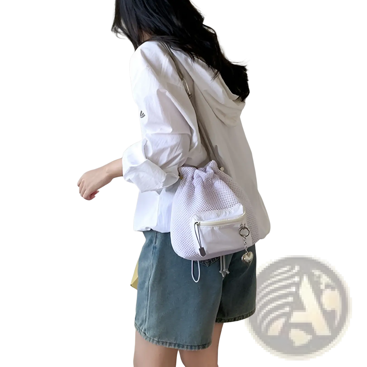 Mini Pink Mesh Drawstring Bucket Bag with Heart Charm