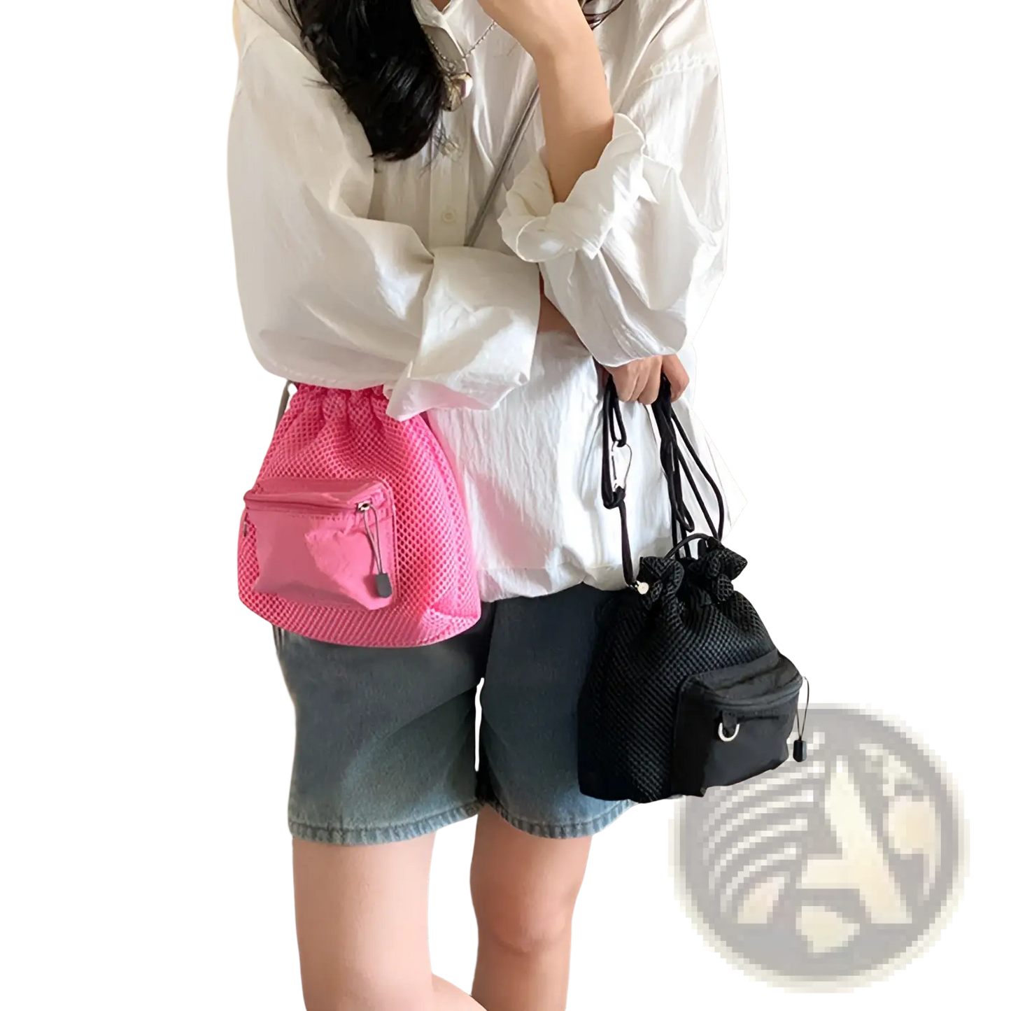 Mini Pink Mesh Drawstring Bucket Bag with Heart Charm
