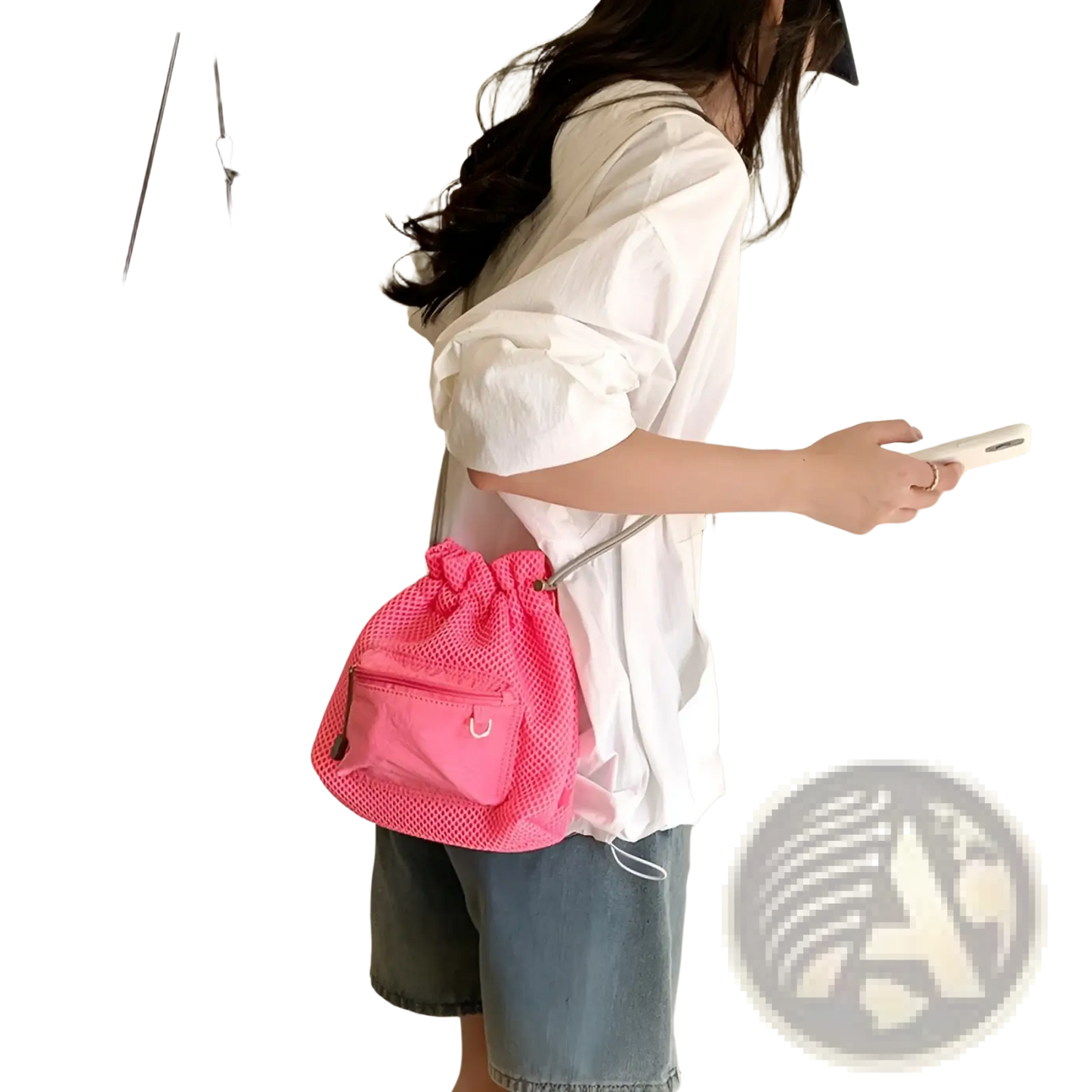 Mini Pink Mesh Drawstring Bucket Bag with Heart Charm