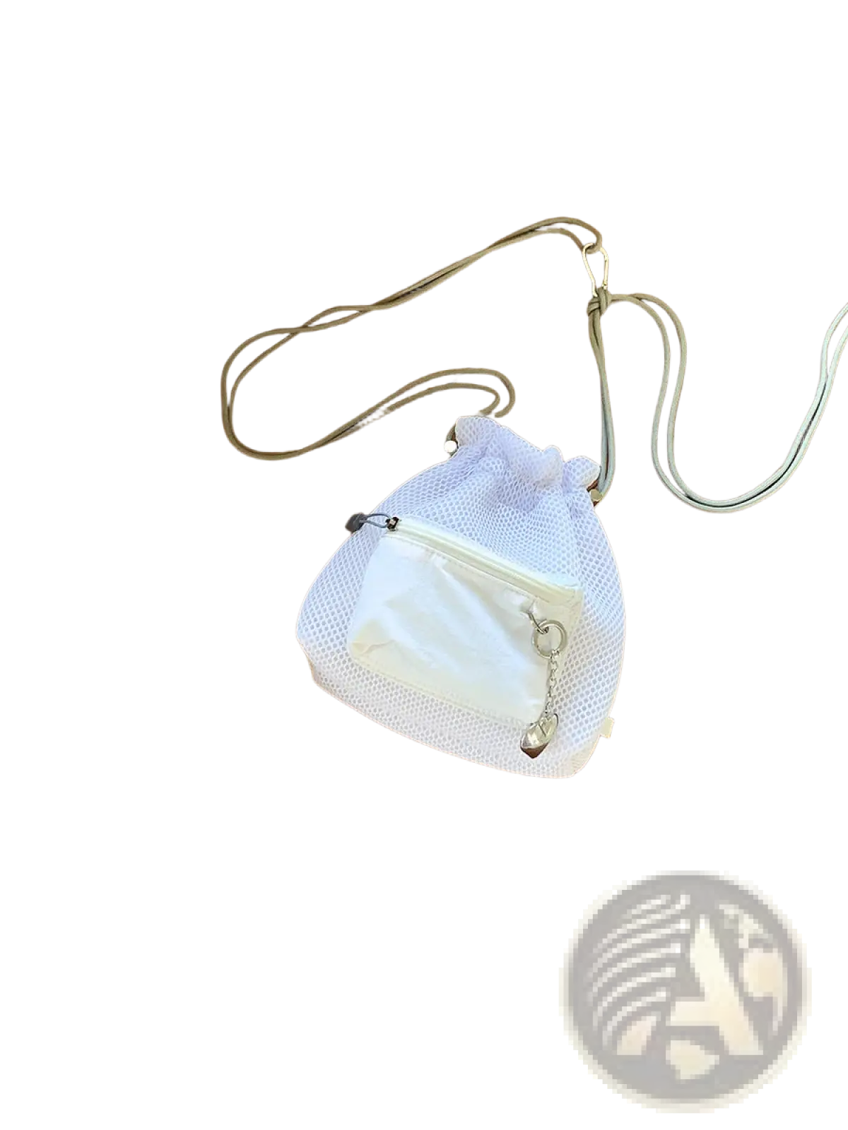 Mini Pink Mesh Drawstring Bucket Bag with Heart Charm