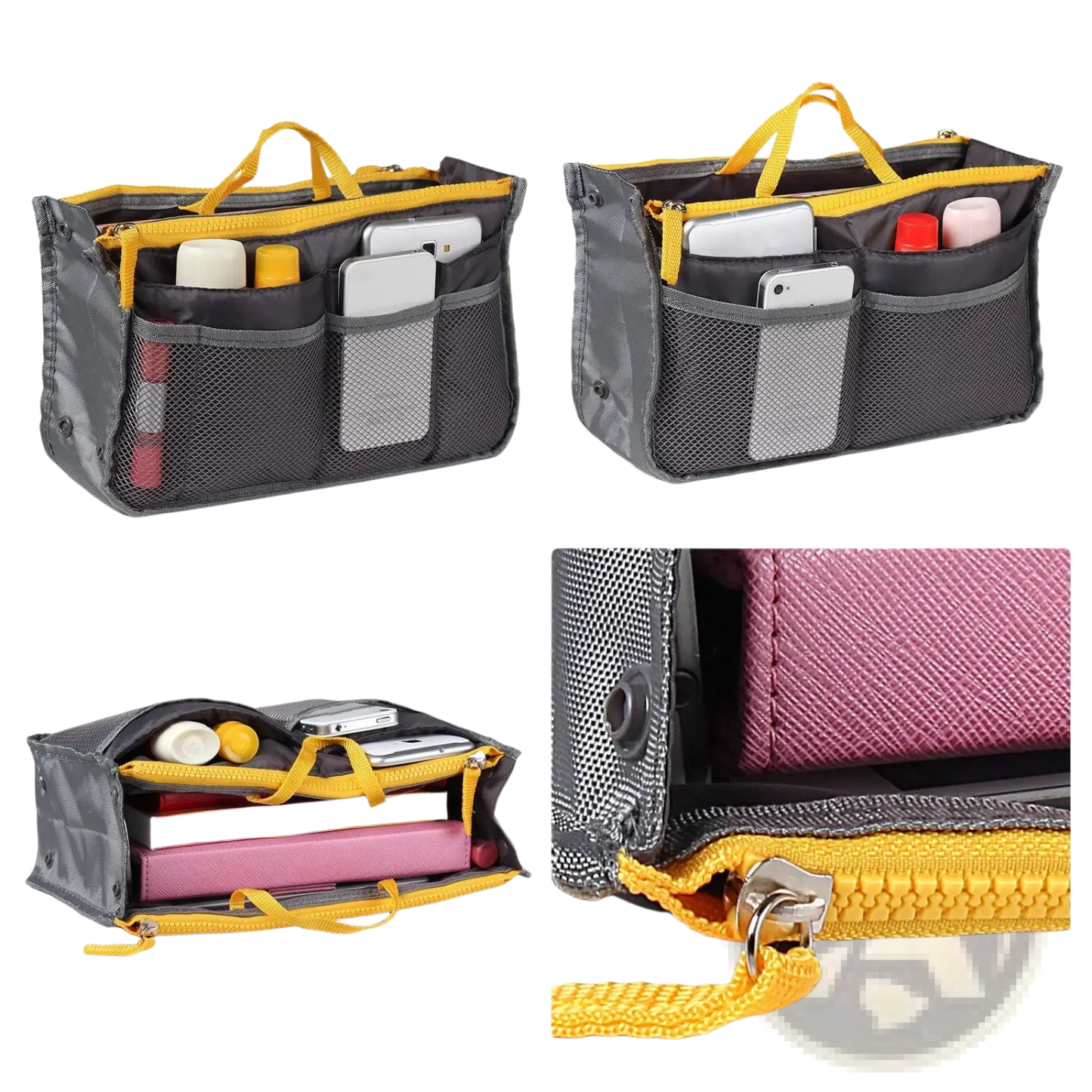 Multi-pocket Nylon Handbag Organizer with Dual Zippers