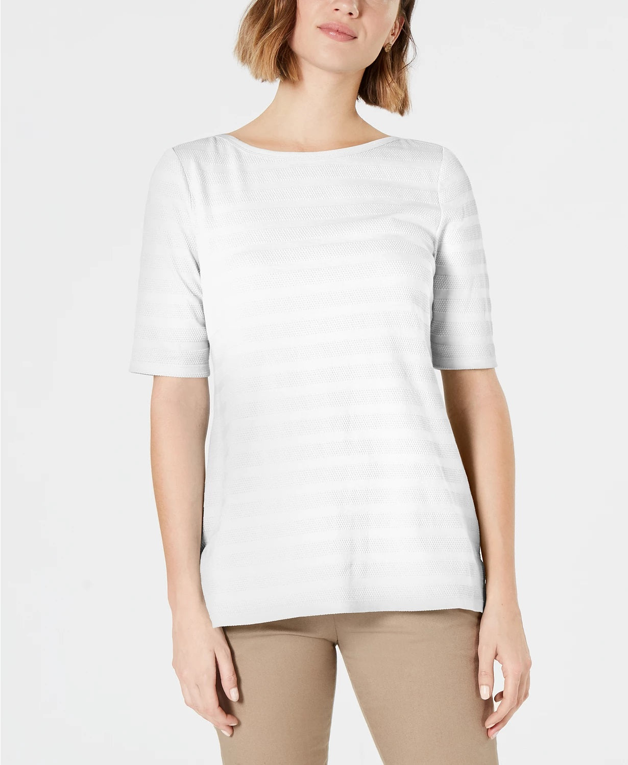 Charter Club Top feminino de algodão com textura listrada e manga cotovelo, branco, tamanho XX-G