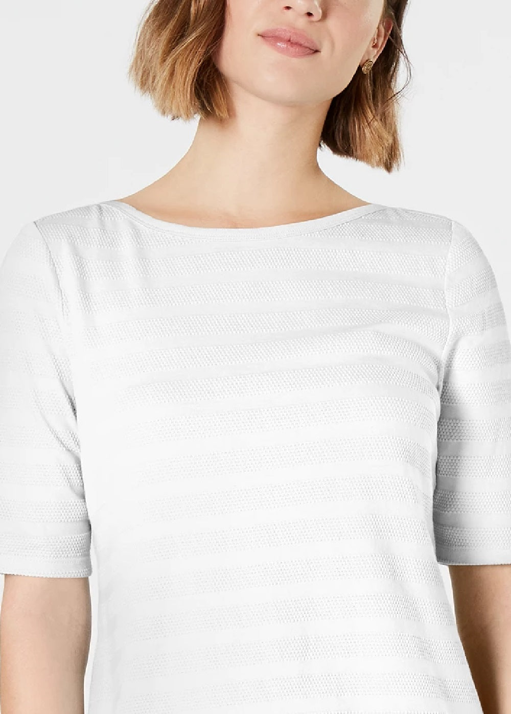 Charter Club Top feminino de algodão com textura listrada e manga cotovelo, branco, tamanho XX-G