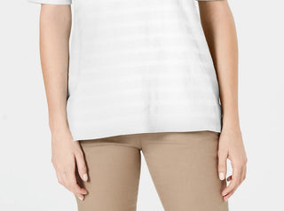 Charter Club Top feminino de algodão com textura listrada e manga cotovelo, branco, tamanho XX-G