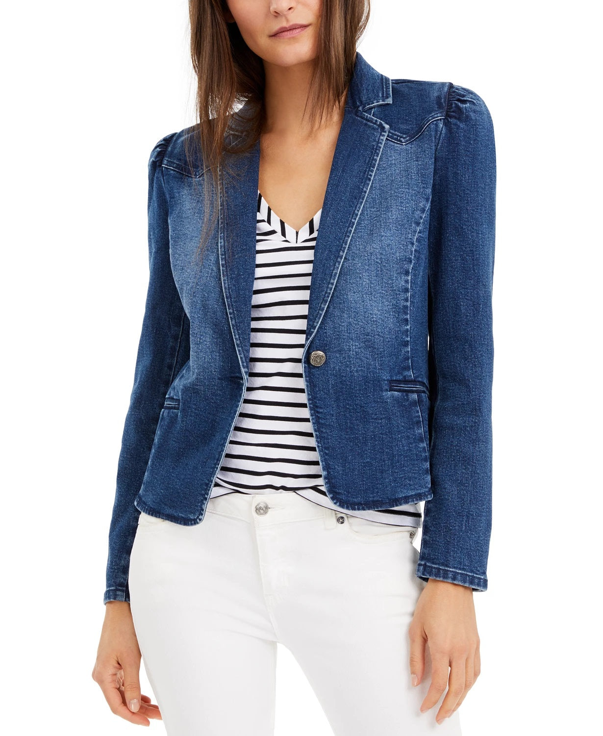 Blazer jeans feminino com manga bufante da INC International Concepts, azul, tamanho extra grande