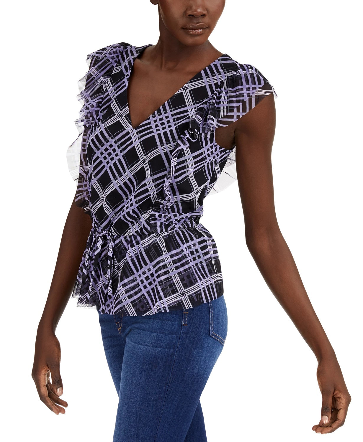 Blusa feminina com amarração na barra e mangas com babados, preta, tamanho médio, da INC International Concepts