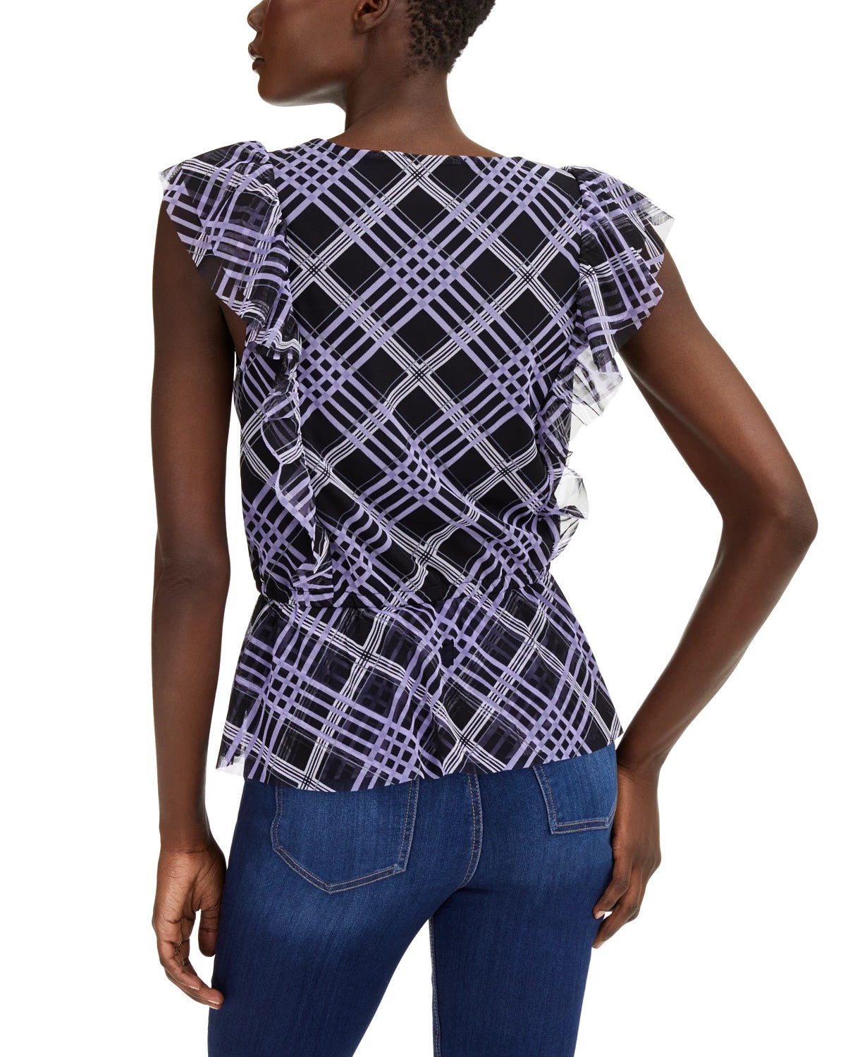 Blusa feminina com amarração na barra e mangas com babados, preta, tamanho médio, da INC International Concepts