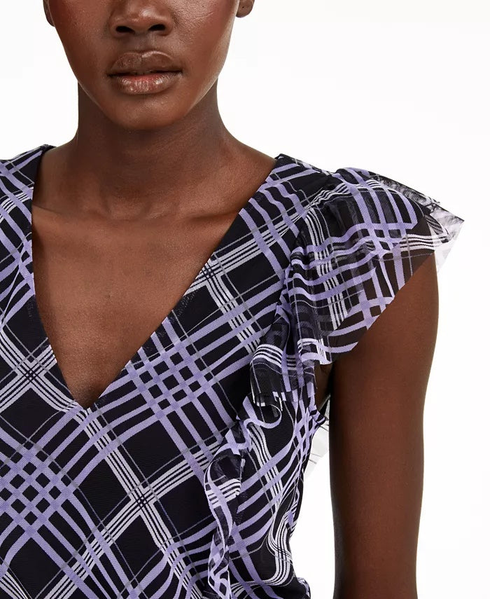 Blusa feminina com amarração na barra e mangas com babados, preta, tamanho médio, da INC International Concepts