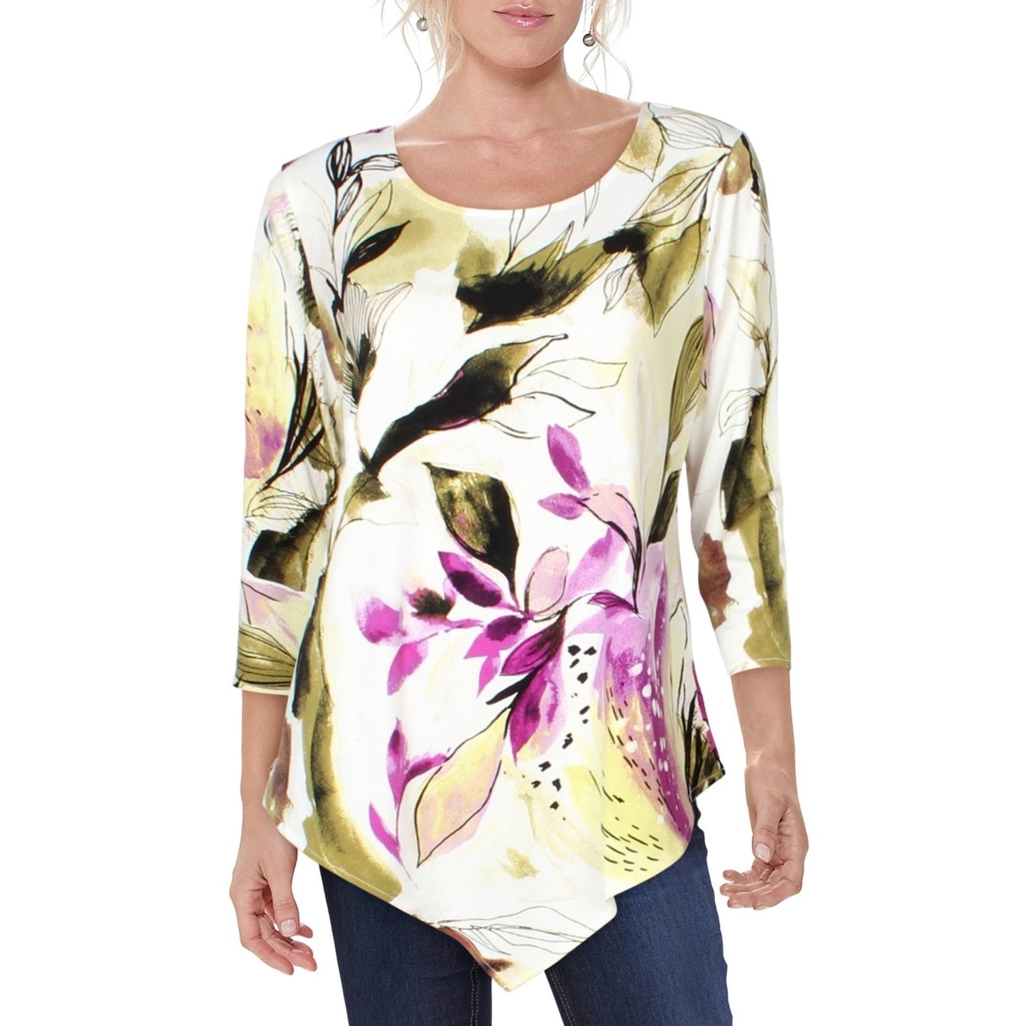 Blusa feminina Alfani com estampa floral e bainha pontuda, preta, tamanho extra grande