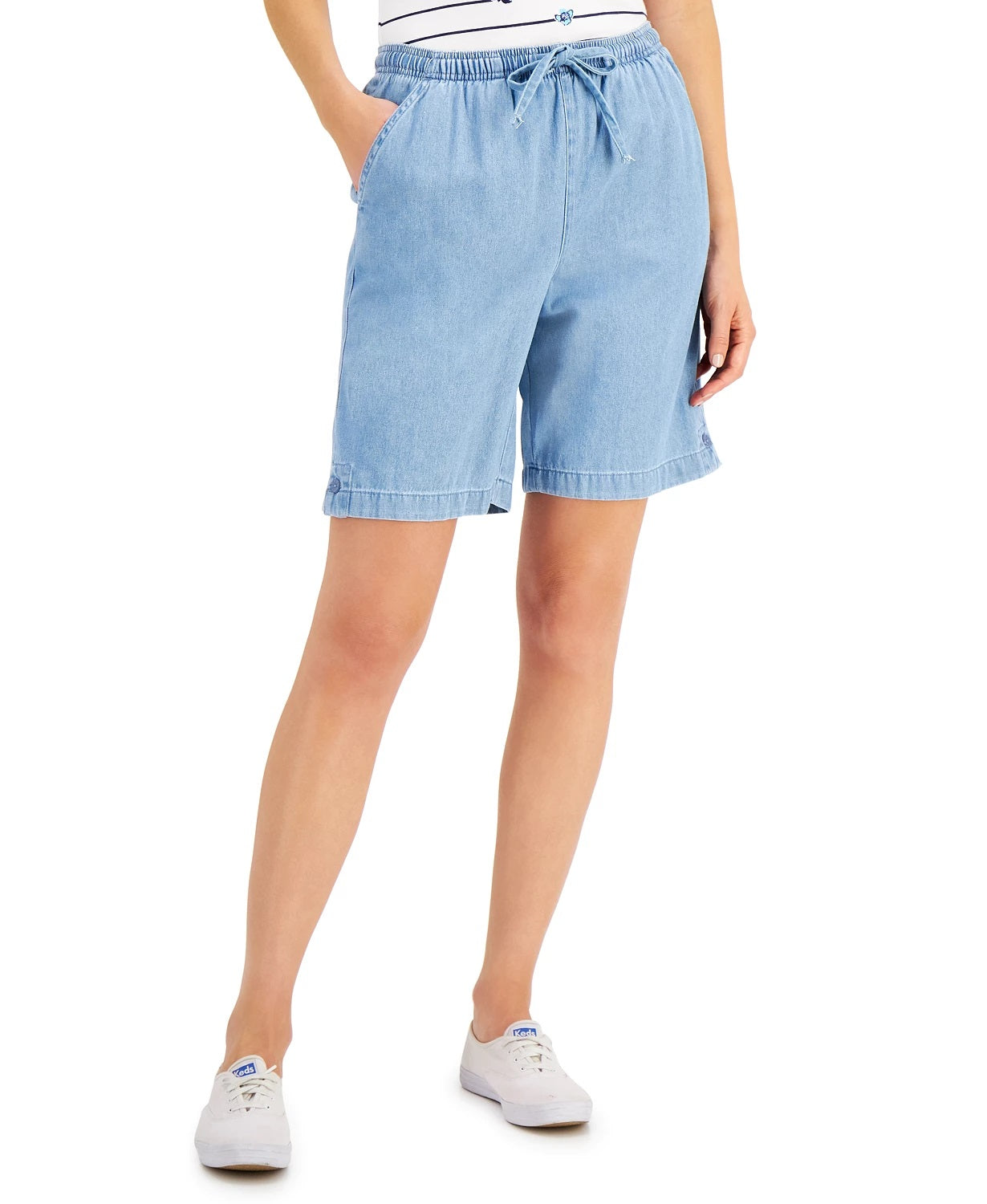 Shorts jeans feminino Karen Scott Lila com cordão, azul marinho, tamanho pequeno médio