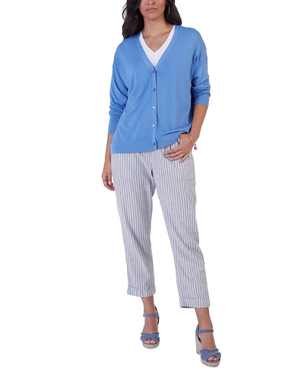 Cardigan feminino com decote em V e fita preta, azul, tamanho grande