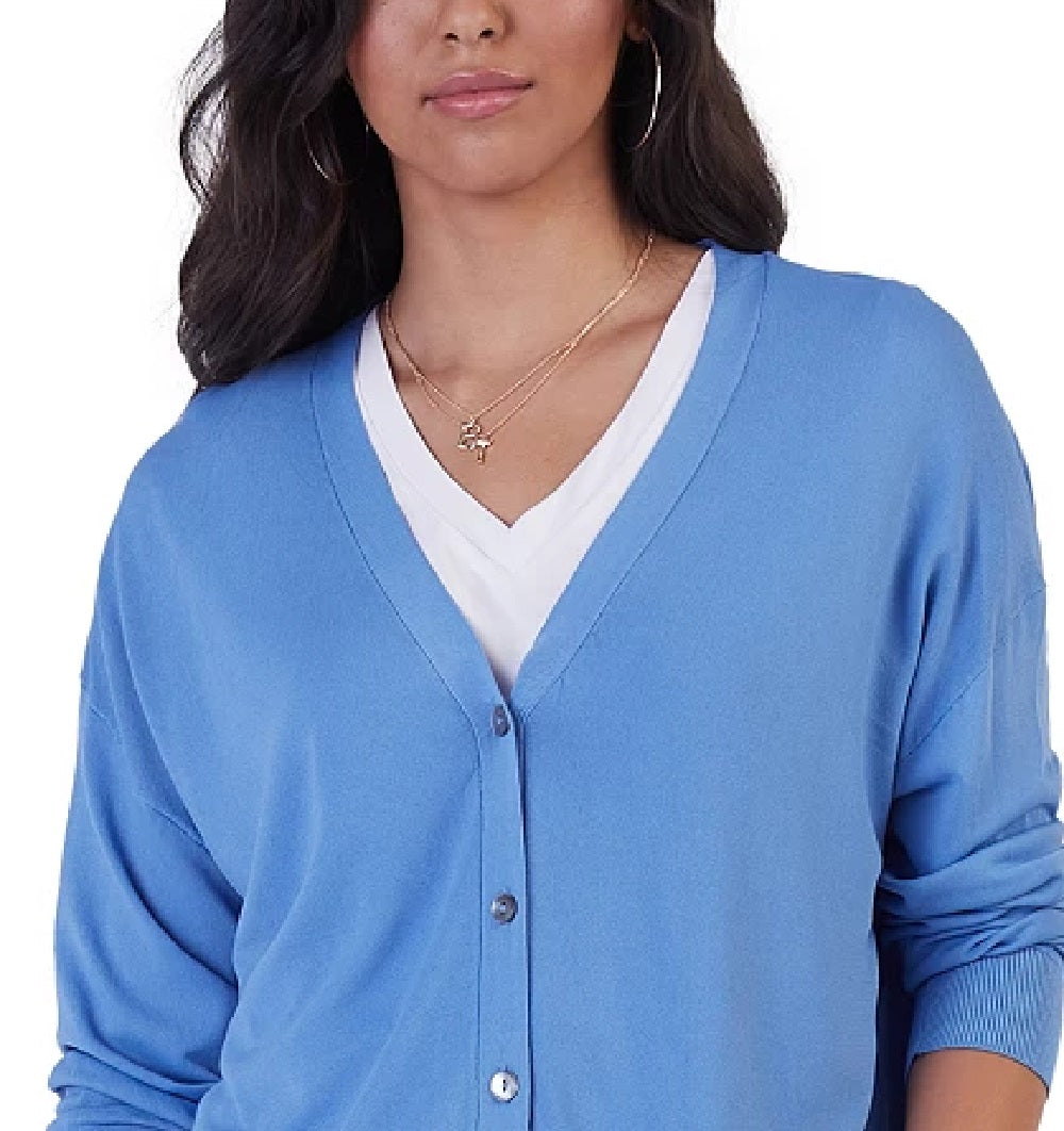 Cardigan feminino com decote em V e fita preta, azul, tamanho grande