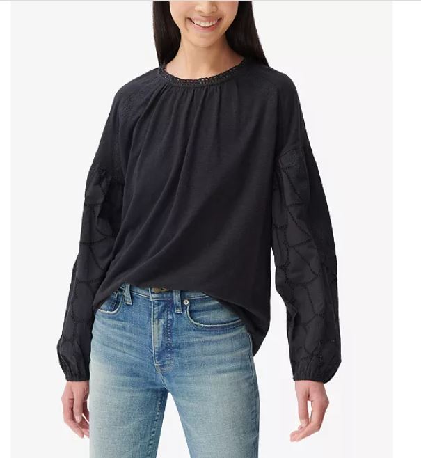 Blusa feminina Lucky Brand de malha com detalhes em renda e modal, preta, tamanho médio