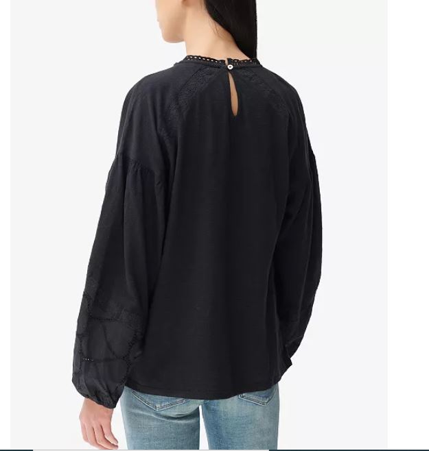 Blusa feminina Lucky Brand de malha com detalhes em renda e modal, preta, tamanho médio