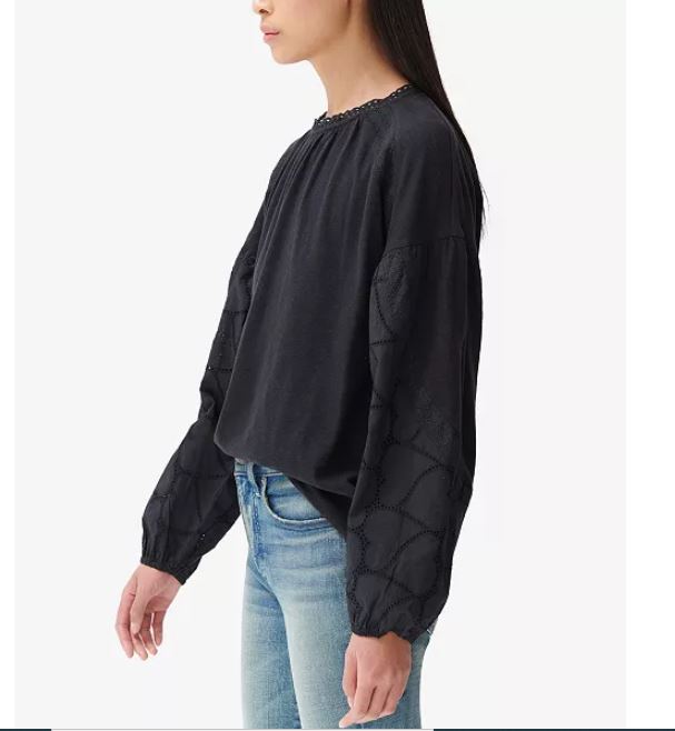 Blusa feminina Lucky Brand de malha com detalhes em renda e modal, preta, tamanho médio