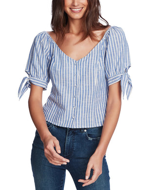 1.STATE Women's Riviera Stripe Tie Cuff Top Blue
