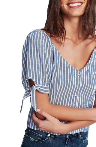 1.STATE Women's Riviera Stripe Tie Cuff Top Blue