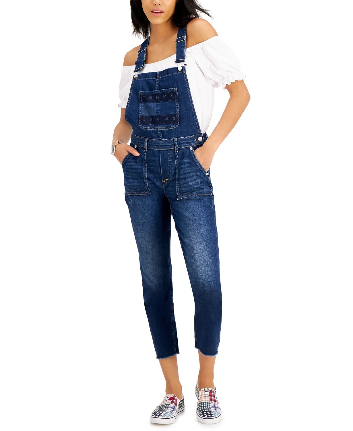 Macacão jeans feminino Tommy Jeans com logo azul, tamanho 30