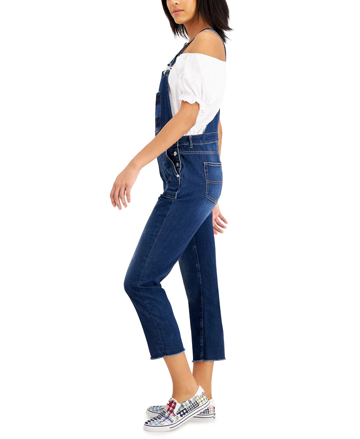 Macacão jeans feminino Tommy Jeans com logo azul, tamanho 30