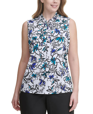 Blusa Calvin Klein Plus Size Feminina Estampa Floral e Gola Laço Azul Tamanho 1X