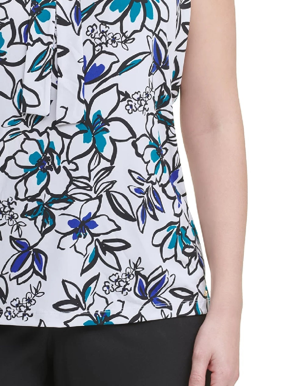 Blusa Calvin Klein Plus Size Feminina Estampa Floral e Gola Laço Azul Tamanho 1X