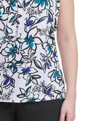 Blusa Calvin Klein Plus Size Feminina Estampa Floral e Gola Laço Azul Tamanho 1X