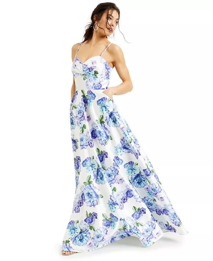 Vestido de cetim com bolinhas e estampa floral brilhante City Studios Juniors, tamanho 1, azul
