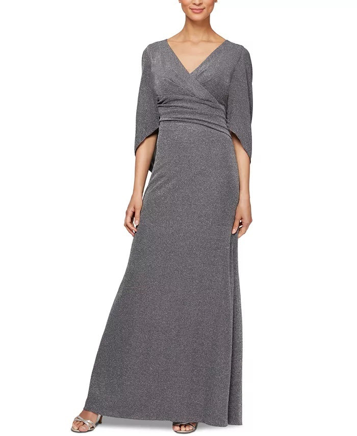 Vestido de festa feminino Alex Evenings com mangas longas e detalhes em sarja metálica, cinza e prata, tamanho 16