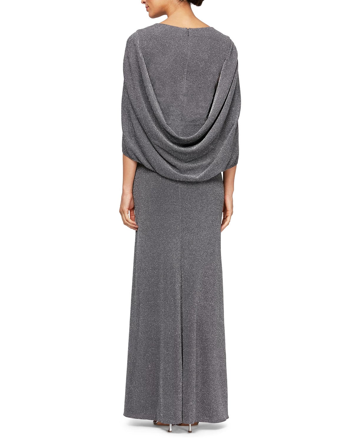Vestido de festa feminino Alex Evenings com mangas longas e detalhes em sarja metálica, cinza e prata, tamanho 16