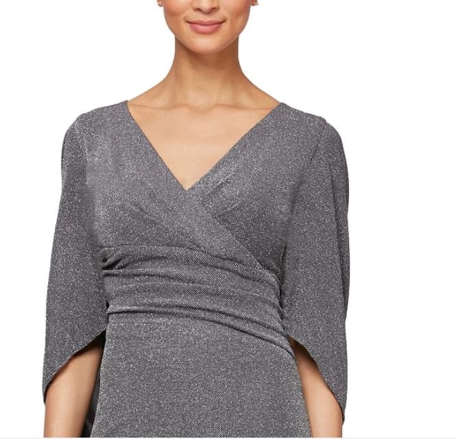 Vestido de festa feminino Alex Evenings com mangas longas e detalhes em sarja metálica, cinza e prata, tamanho 16