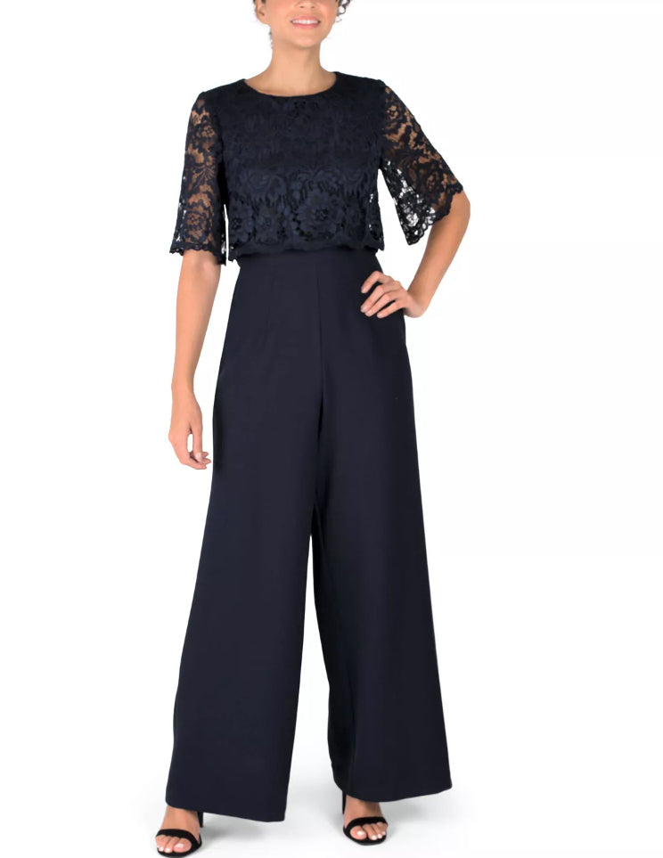 Macacão feminino Donna Ricco com sobreposição de renda e pernas largas, azul-marinho, tamanho 16 plus