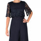 Macacão feminino Donna Ricco com sobreposição de renda e pernas largas, azul-marinho, tamanho 16 plus