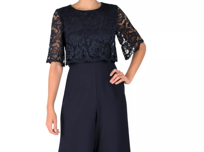 Macacão feminino Donna Ricco com sobreposição de renda e pernas largas, azul-marinho, tamanho 16 plus