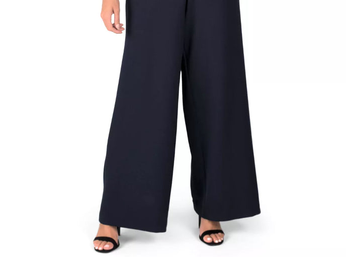 Macacão feminino Donna Ricco com sobreposição de renda e pernas largas, azul-marinho, tamanho 16 plus