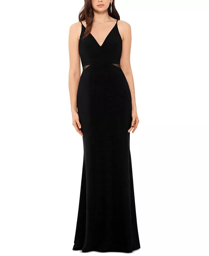 Vestido feminino Xscape com decote em V e detalhes em malha, preto, tamanho 12