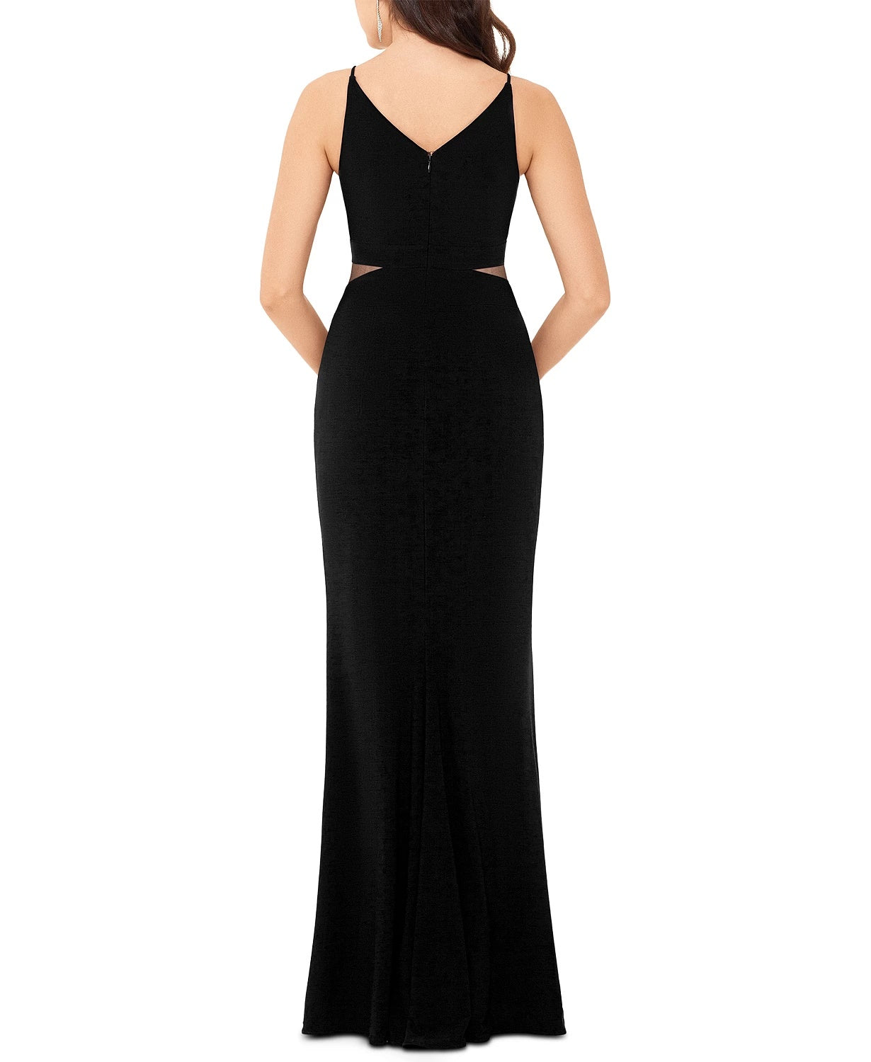 Vestido feminino Xscape com decote em V e detalhes em malha, preto, tamanho 12